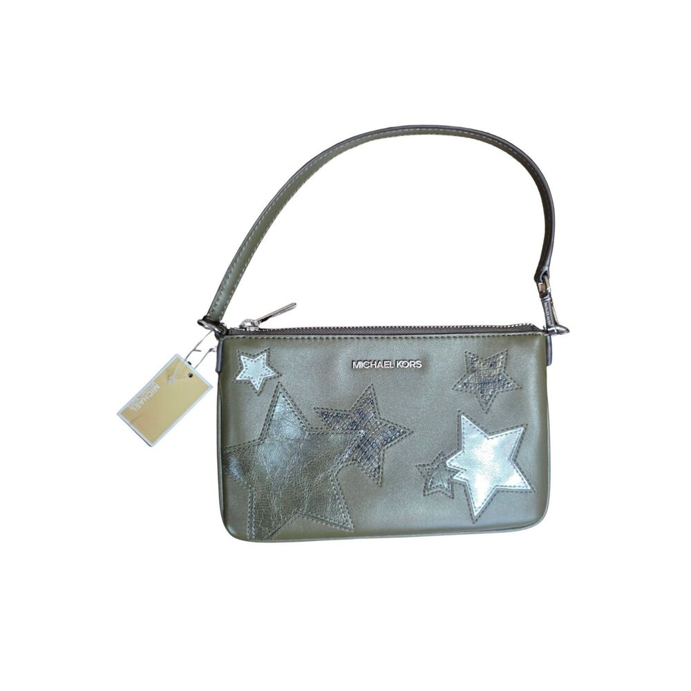 Michael Kors Jet Set Small Star Patchwork Wristlet Pouch Clutch Olive Green NWT